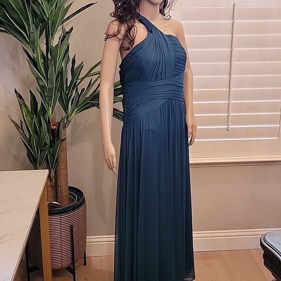 Teal green one shoulder evening gown petite Alex evenings size 12P - Picture 1 of 16